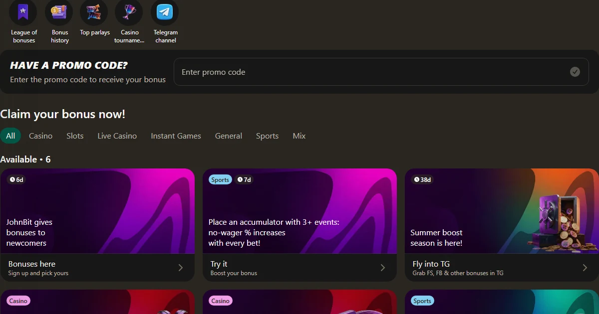 JohnBit bonuses, cashback and free spins