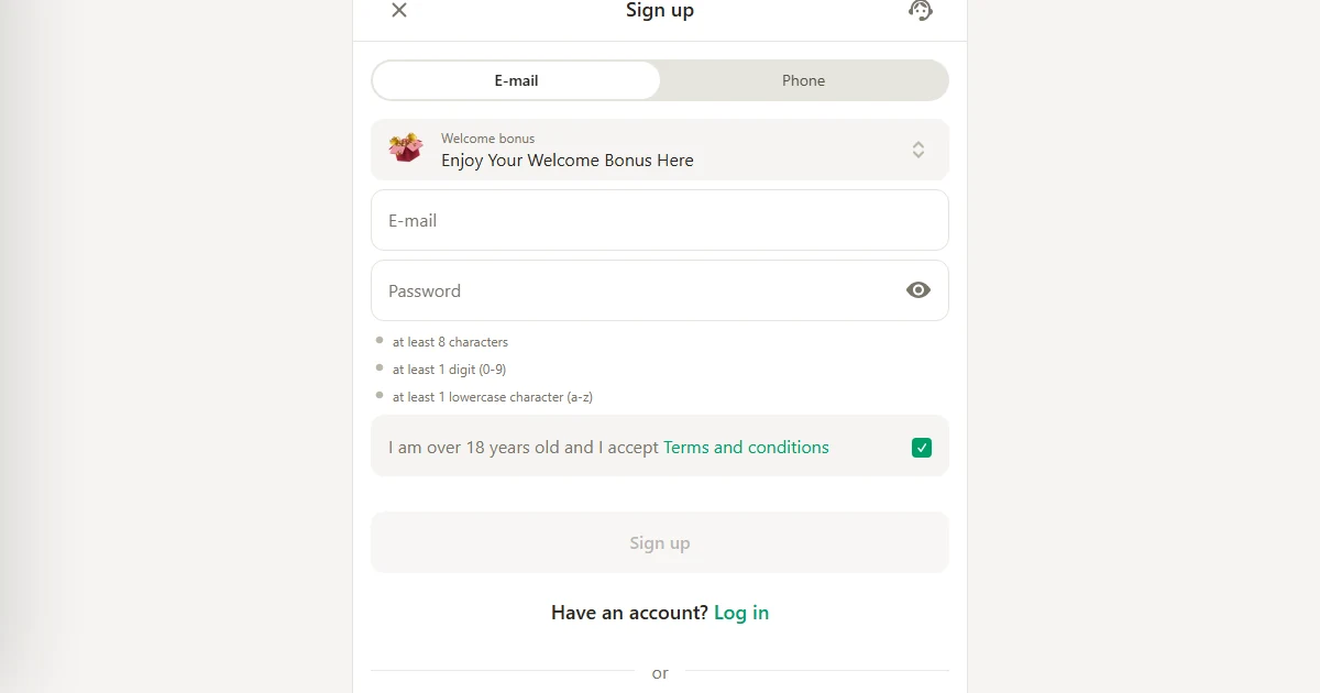 Account registration form by email